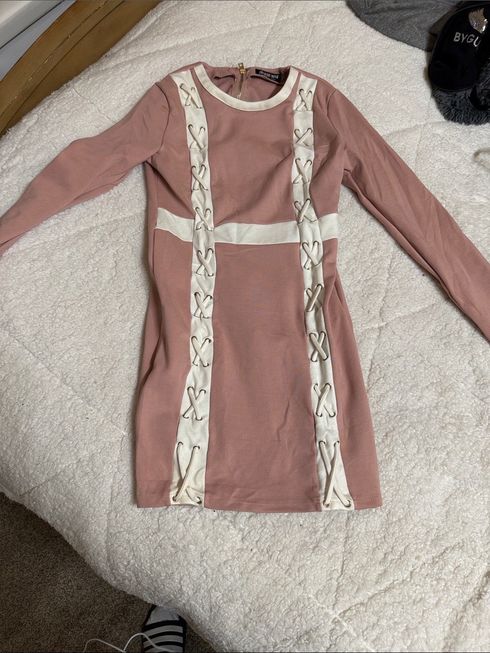 Fashion Nova Long Sleeve Pink Lace-Up Panel Bodycon Dress